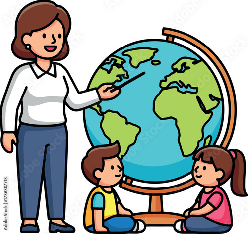 Female teacher with students learning geography from a globe cartoon.
