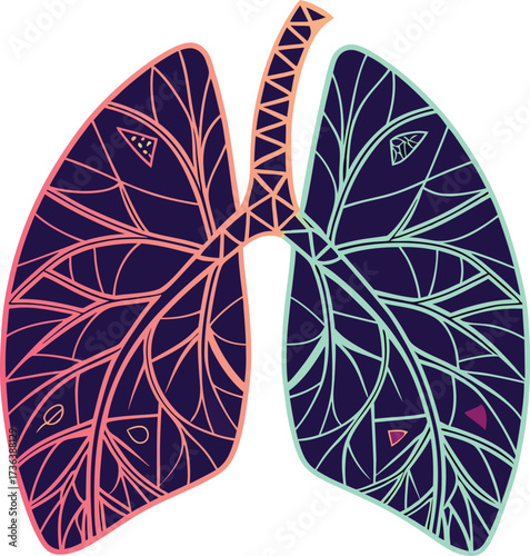 Stylized lungs with intricate patterns in vibrant hues promote respiratory health and symbolize vital organ function, originally a scalable vector
