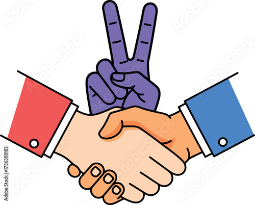Diverse hands shaking with a peace sign above.