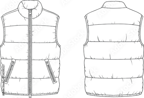 Puffer vest flat sketch, front and back view, quilted sleeveless jacket, fashion design template, apparel illustration, garment drawing, outerwear clothing design