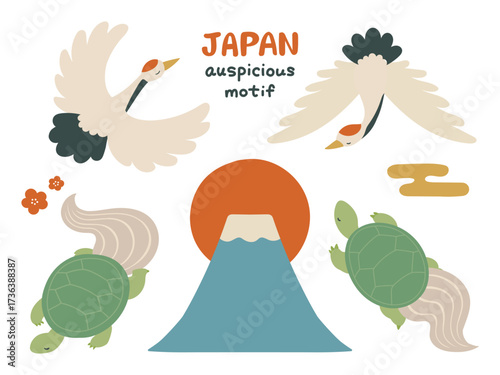 鶴と亀と富士山の吉祥モチーフイラスト