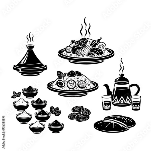 Exotic Moroccan cuisine with tagine, spices, dates, and mint tea.