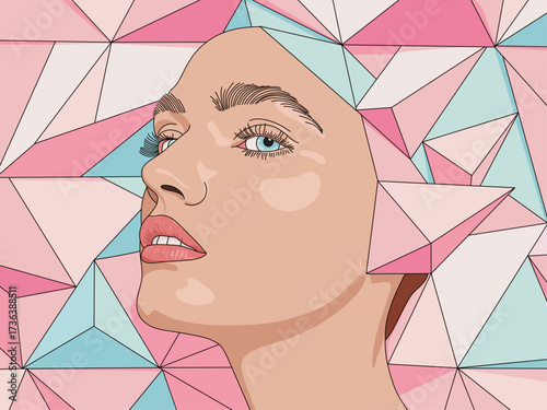 Abstract Geometric Triangle Banner with Stylish Futuristic Biometric Young Woman Portrait with Pastel Background. Modern Trendy Banner for Ads, Covers, Social Media, and Flyer Decoration