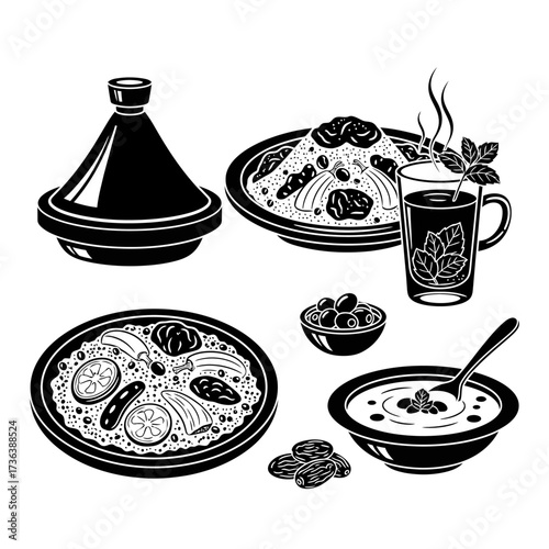 Exotic Moroccan cuisine spread with flavorful tagine and mint tea, a delightful culinary experience.