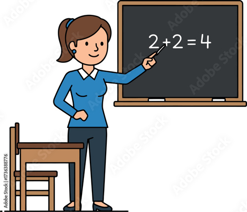 Teacher pointing at blackboard with math equation.