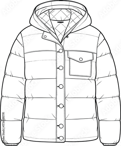 Hooded puffer jacket, technical flat sketch, quilted outerwear design, front view fashion template, apparel illustration, garment drawing, winter coat clothing design