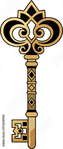 Elegant Vintage Skeleton Key Vector – Ornate Gold and Black Antique Illustration