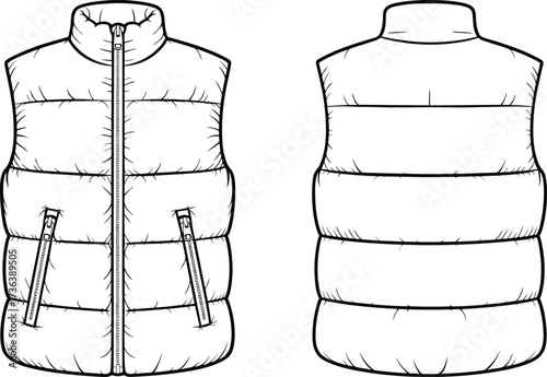Puffer vest flat sketch, front and back view, quilted sleeveless jacket, fashion design template, apparel illustration, garment drawing, outerwear clothing design