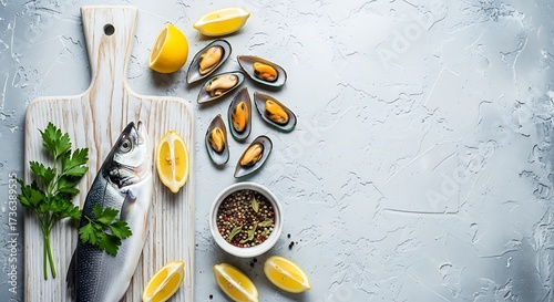 Fresh seafood arrangement featuring mussels, sea bass, and lemon slices on a rustic wooden board, showcasing the bounty of the oceans harvest