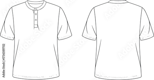 Short sleeve Henley shirt, technical flat sketch, front and back view, fashion design template, apparel illustration, garment drawing, casual clothing design