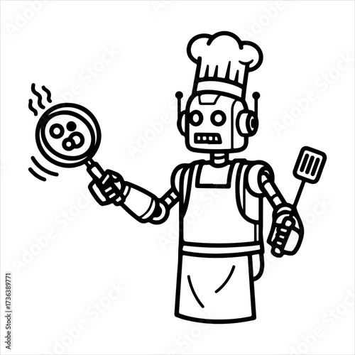 Futuristic cartoon robot chef character cooking with a sizzling frying pan and spatula, a single monochrome line art illustration