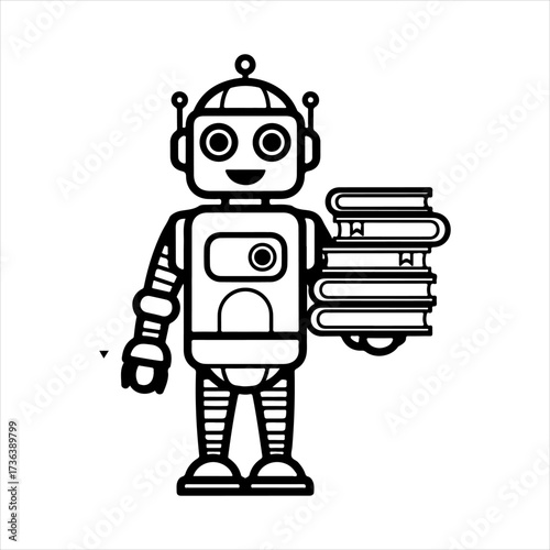 Vector illustration of an adorable, smiling robot character holding a stack of books, representing the integration of artificial intelligence, education, learning, and future technology advancements