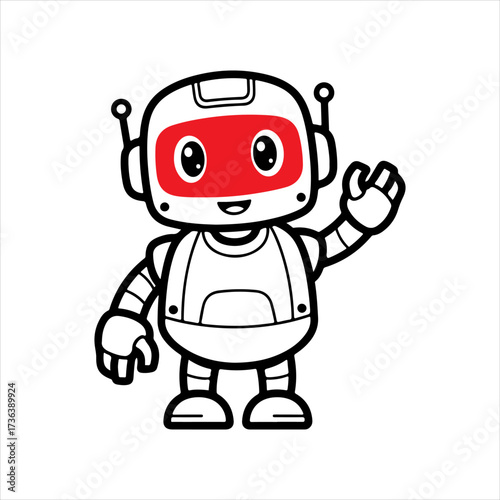 A cute and friendly cartoon robot character waving hello. Vector illustration of a futuristic android mascot isolated on a white background