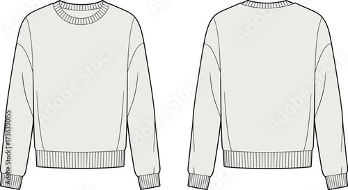 Long sleeve crewneck sweatshirt, technical flat sketch, front and back view, fashion design template, apparel illustration, garment drawing, casual clothing design