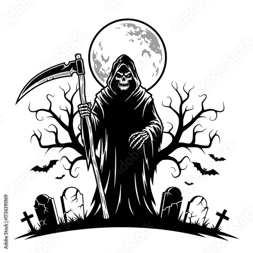 Grim reaper stands in a spooky graveyard under a full moon with bare trees and bats.