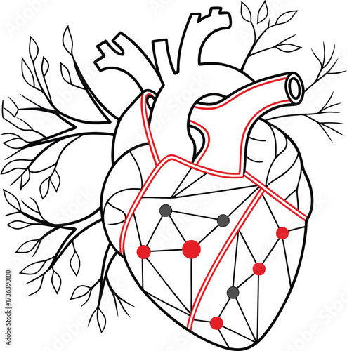 Intricate anatomical heart with geometric design promotes wellness, love, and connection for medical or artistic projects originally a vector