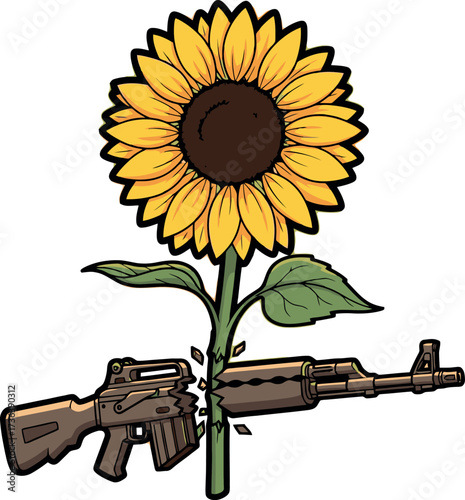 Sunflower growing through a broken assault rifle symbolizing peace and anti-war.
