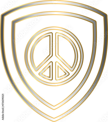 Golden peace symbol inside a shield emblem.
