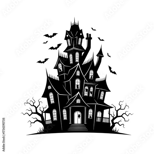 Spooky haunted mansion silhouetted against a dark sky with bats flying around.
