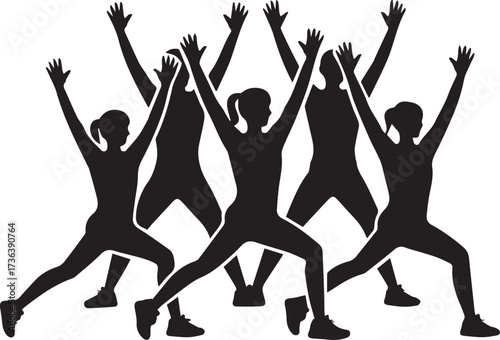 Black Vector Icon: Group of People Exercising with Arms Raised - Team Fitness, Aerobics, and Workout Class