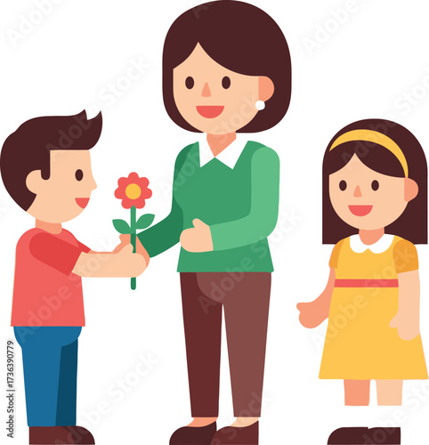 Boy gives flower to teacher with girl standing beside them.
