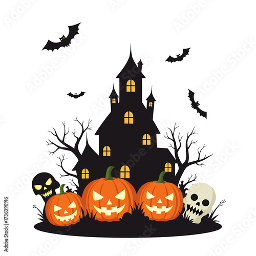 Spooky haunted castle with glowing jack-o'-lanterns and bats on Halloween night