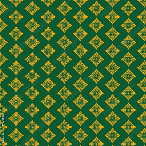 Seamless gold damask floral pattern on a deep green background, luxurious and elegant textile designs, decorative elements.