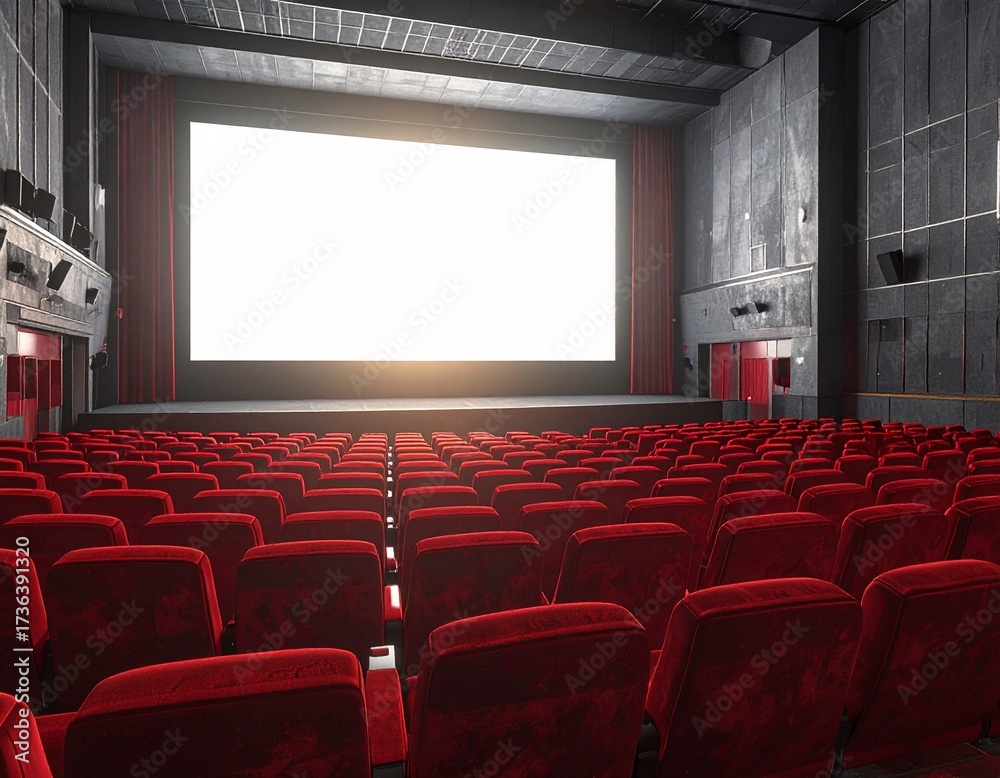 Fototapeta premium Luxurious Empty Movie Theater with Red Velvet Seating and Giant Screen