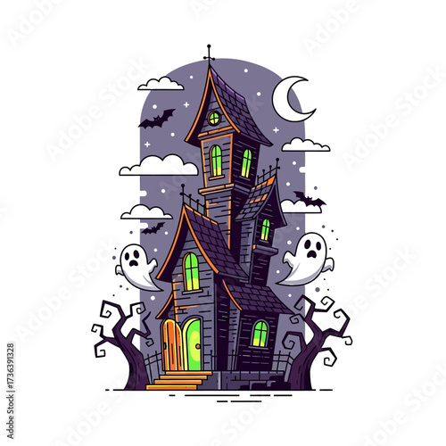 Spooky haunted house with ghosts and bats under a crescent moon.