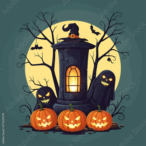 Spooky Halloween scene with glowing jack-o'-lanterns and a haunted lantern under a full moon.
