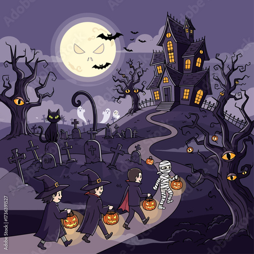 Children in Halloween costumes trick-or-treating in a spooky haunted landscape under a full moon.