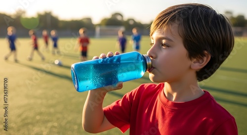 Active young boy drinking refreshing water after soccer practice on sunny field, staying hydrated and healthy, perfect for sports and wellness campaigns