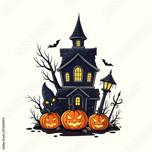 Spooky Halloween scene with haunted house, jack-o'-lanterns, and bats