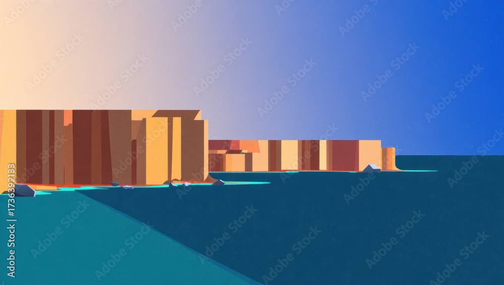 Obraz premium Abstract coastal cliff silhouettes under a clear blue sky and sea