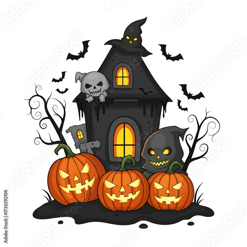 Spooky Halloween scene with jack-o'-lanterns, haunted house, and flying bats