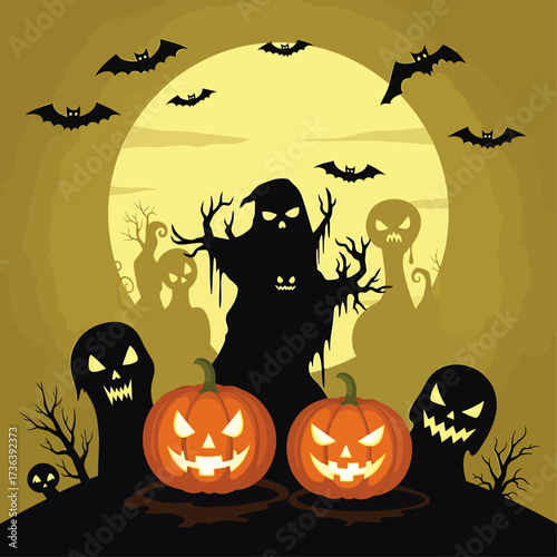Spooky Halloween night scene with glowing pumpkins, ghosts, and bats under a full moon.