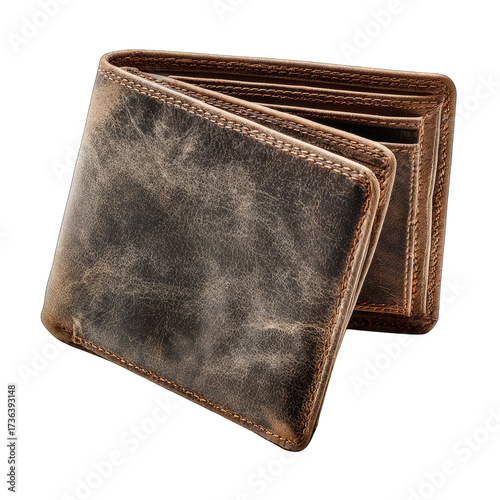 Open, worn leather wallet.  Distressed, brown, and slightly faded