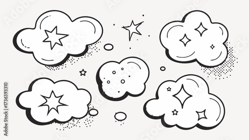 Whimsical cloud and star doodle pattern, perfect for children's designs, adding a playful touch to any project with its hand-drawn charm and dreamy feel