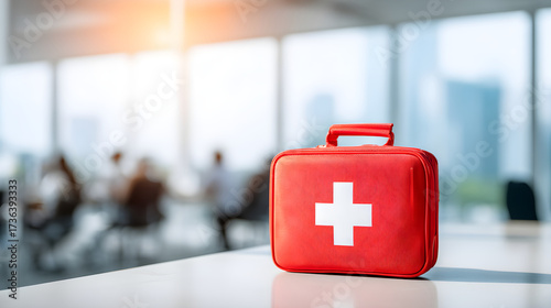 Red first aid kit on a table in a modern office environment with blurred background activity