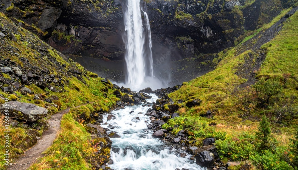 Fototapeta premium Powerful cascade of water dramatically plunges down a steep cliff face into a rushing river below, showcasing lush greenery and a walking trail in the serene mountainous landscape, creating a...