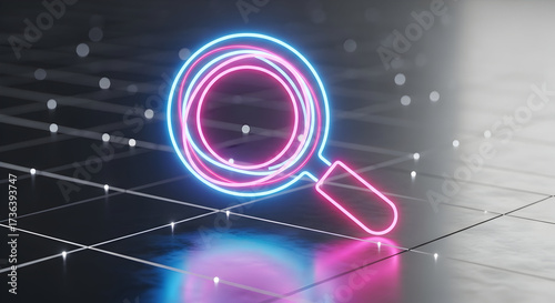 Neon magnifying glass on digital grid