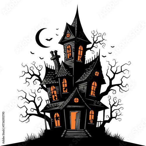 Spooky haunted mansion silhouetted against a dark night sky with a crescent moon and bats.