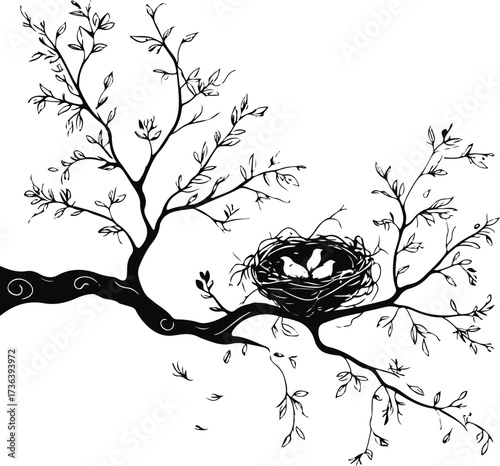 Elegant line art of tree branch with bird nest