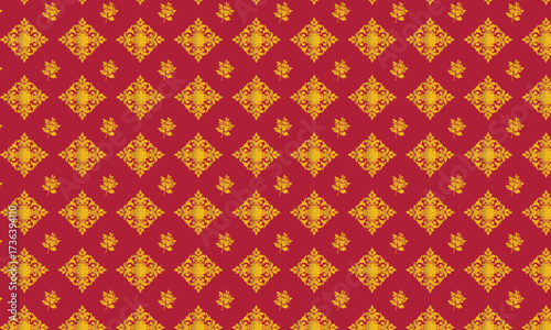 Seamless gold damask floral pattern on a deep red background, luxurious and elegant textile designs, decorative elements.