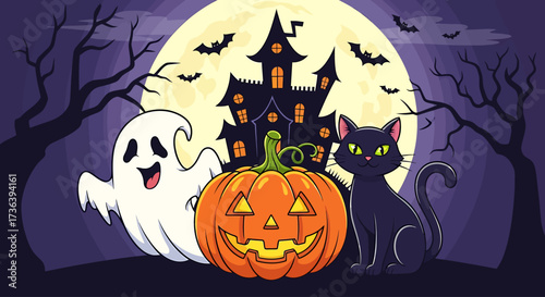 Spooky Halloween night with a playful ghost, grinning pumpkin, and mysterious black cat under a full moon.