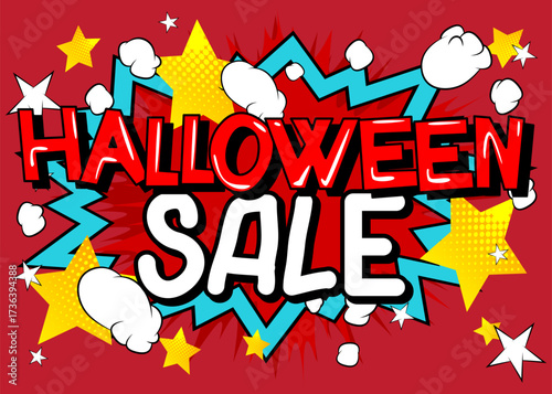 Modern creative pop art vibrant comic book style Halloween Sale text. Cartoon design.