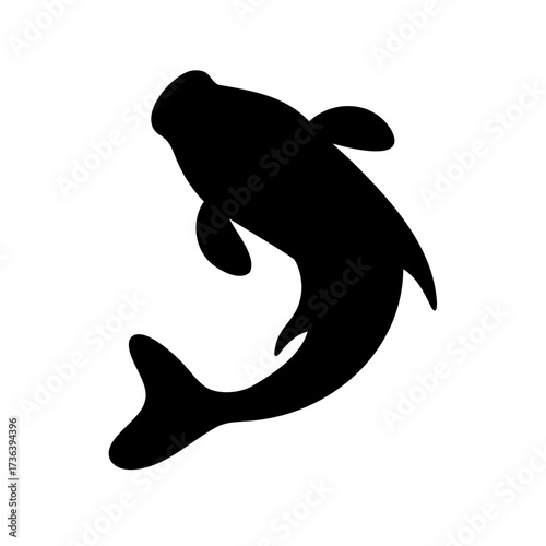 Abstract black silhouette of a fish swimming upwards in white background