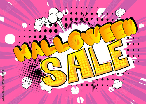 Modern creative pop art vibrant comic book style Halloween Sale text. Cartoon design.