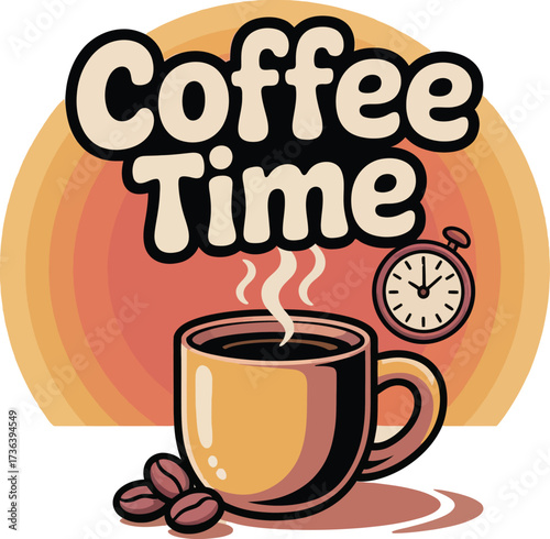 Cute Hand Drawn Coffee Time Sticker Design: Pop Art Style Vector Graphic for Cafe and Daily Use