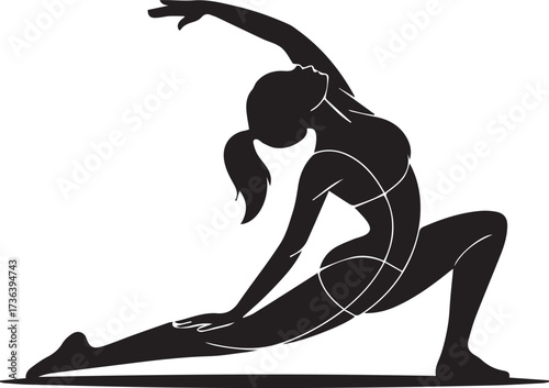 Black Vector Silhouette of Woman Performing Yoga Lunge Pose or Reverse Warrior Stretch.
